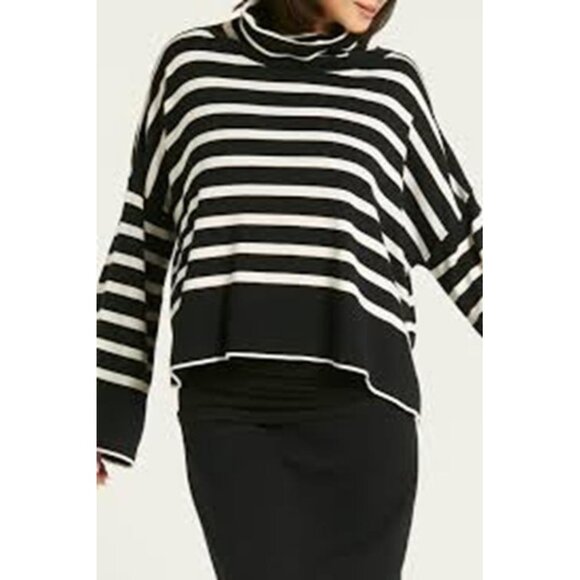 PLANET By LAUREN G Black & Cream Striped Turtleneck Sweater, One Size XS S M L - Picture 2 of 13